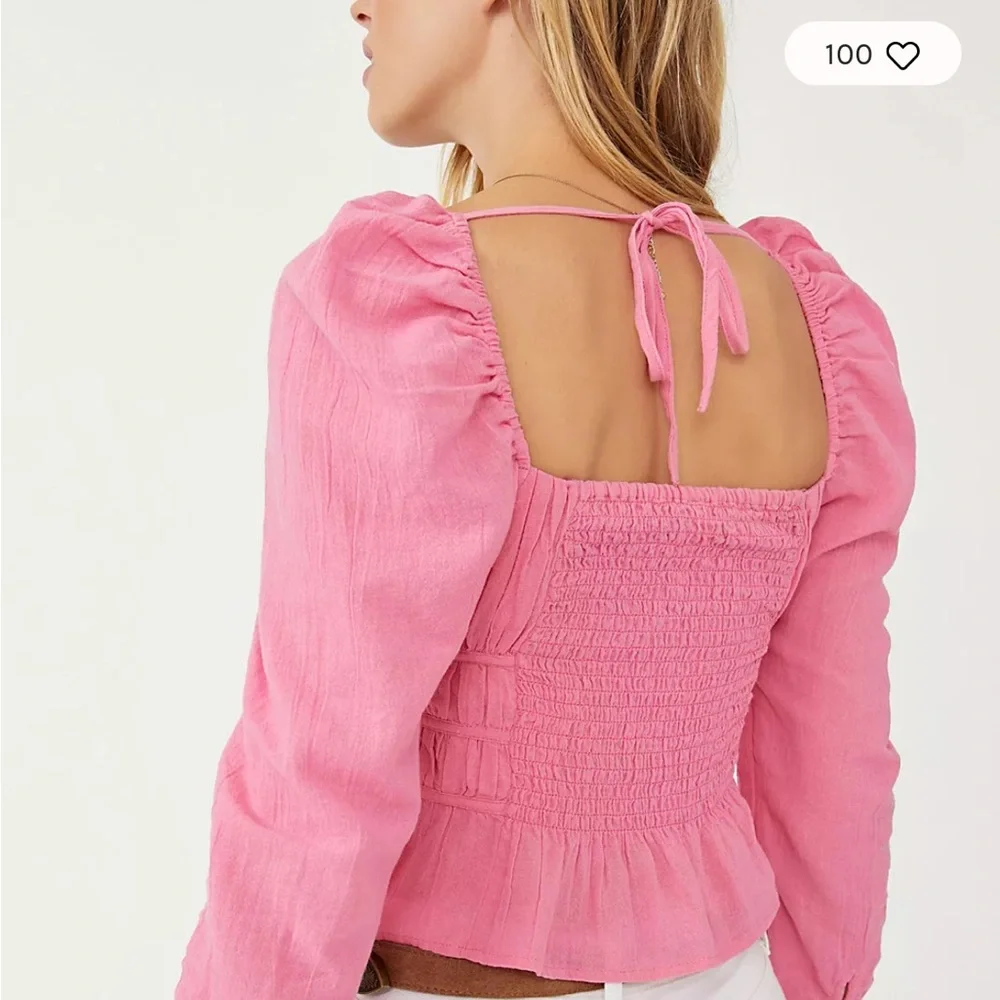 FREE PEOPLE CHLOE TIE BACK LONG SLEEVES CROPPED SMOCKED TOP BLOUSE HOT PINK SZ S